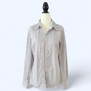 Jacob Women’s White Grey Striped Preppy Cotton Long Sleeve Button Up Top Medium